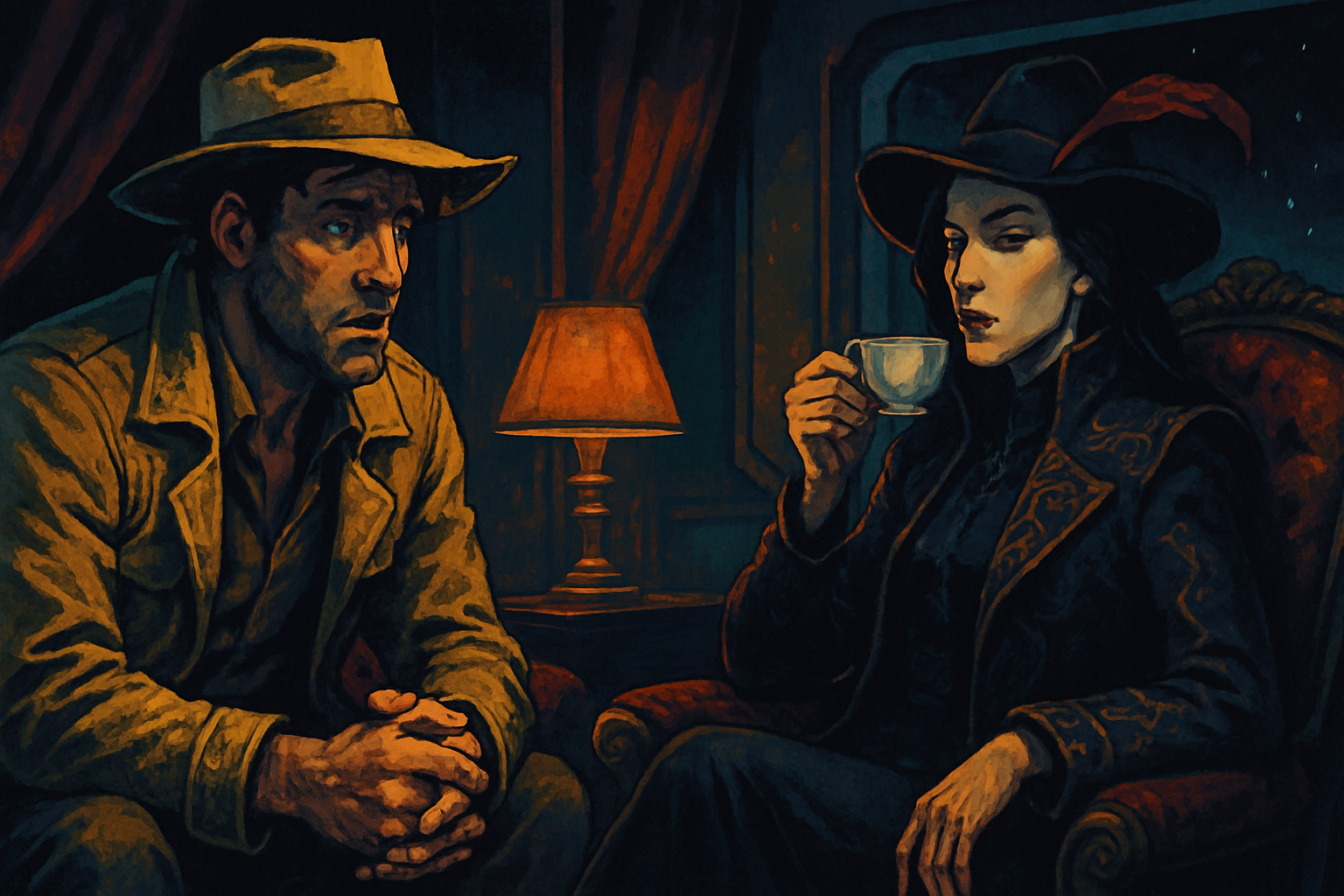 The Countess sips tea in an aristocratic parlor while Goddard watches warily — every word she says is a lie.