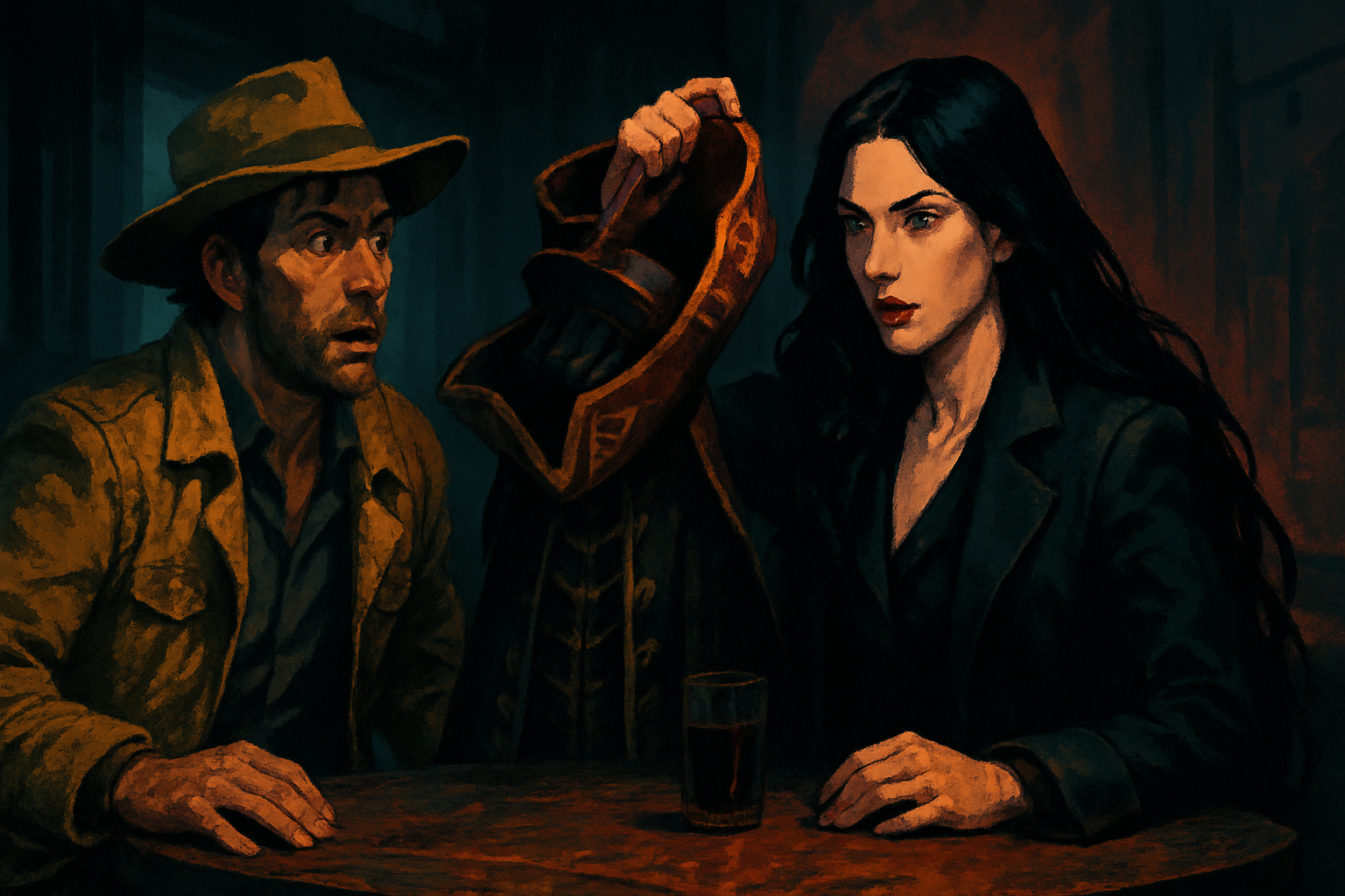 A tense exchange across a smoky bar table on the jungle planet Teree.