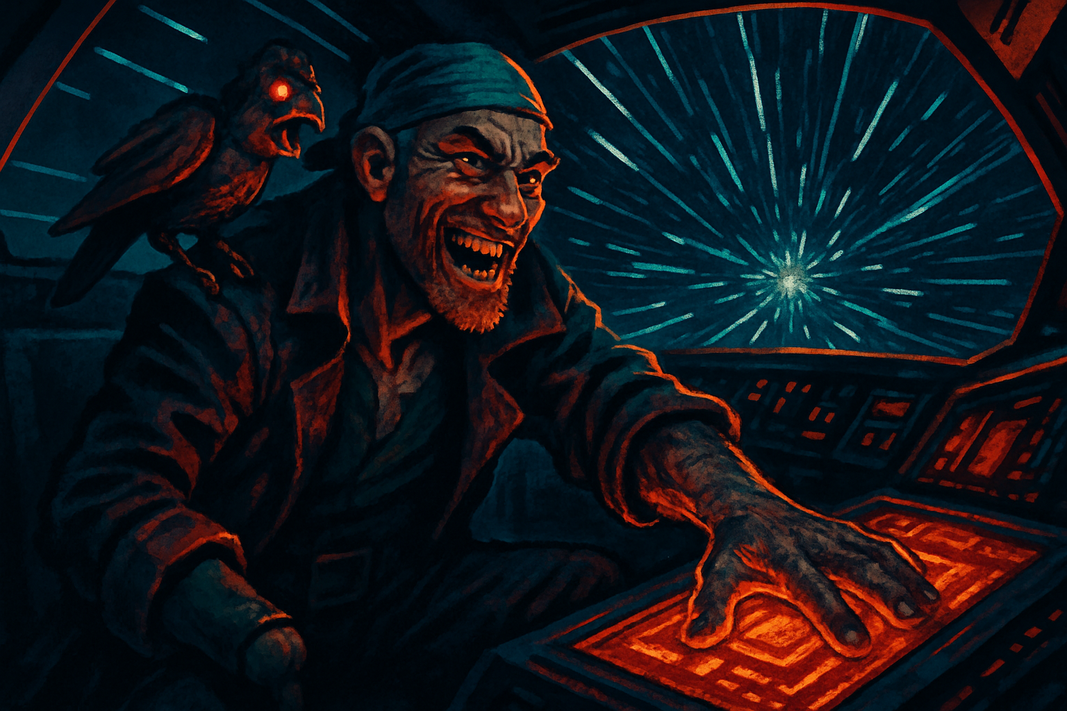 Skink the Lost grinning at the helm of a hyperspace-warping spaceship.