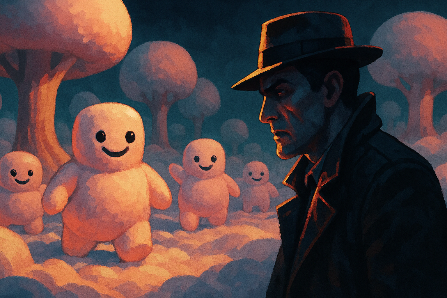 The surreal Marshmallow Dimension, populated by cheerful pastel marshmallow people.